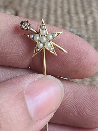 Antique Victorian 14K Gold Pearl & Diamond Starburst Stick Pin