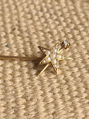 Antique Victorian 14K Gold Pearl & Diamond Starburst Stick Pin - photo 2