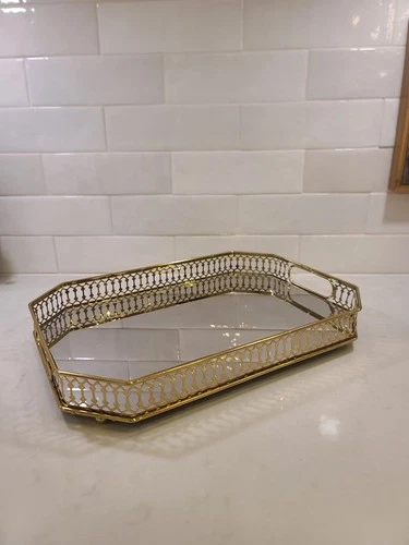 BRASS FINISH HEXAGON MIRRORED TRAY VANITY PERFUME CHIC LUXURY Ga