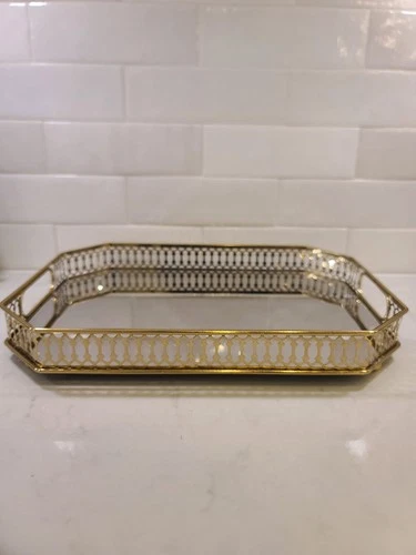 BRASS FINISH HEXAGON MIRRORED TRAY VANITY PERFUME CHIC LUXURY Ga - photo 2