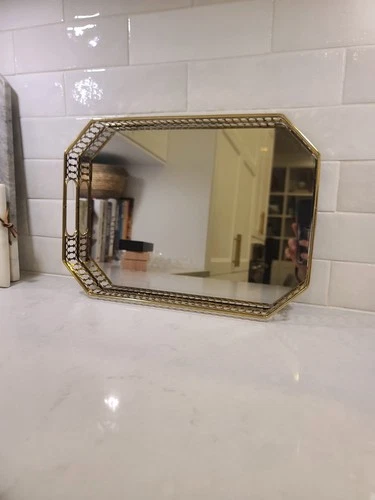 BRASS FINISH HEXAGON MIRRORED TRAY VANITY PERFUME CHIC LUXURY Ga - photo 3