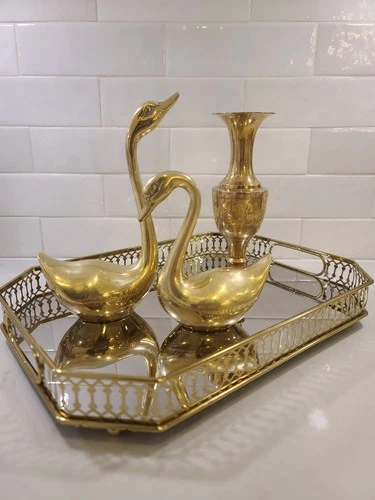 BRASS FINISH HEXAGON MIRRORED TRAY VANITY PERFUME CHIC LUXURY Ga - photo 4