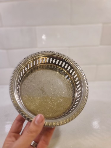 Vintage Silver Plate Round Gallery Bottle Coaster LS