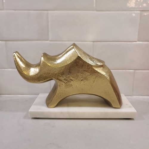 Mid Century Modern Gold Rhino Sculpture on Marble Base