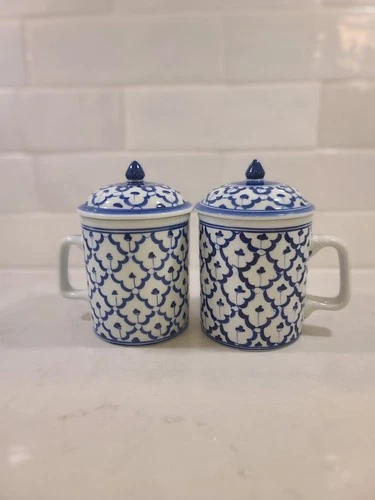 Vintage 70s Thai Pattern Lidded Tea Mug Set - Blue & White Ceram