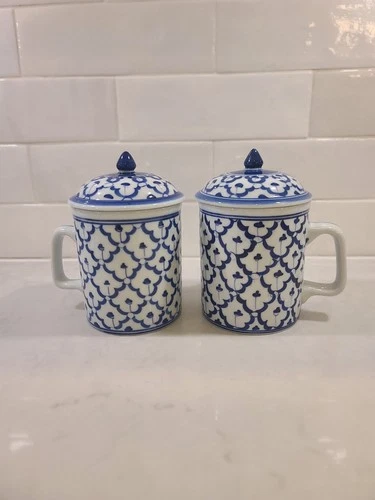 Vintage 70s Thai Pattern Lidded Tea Mug Set - Blue & White Ceram - photo 2