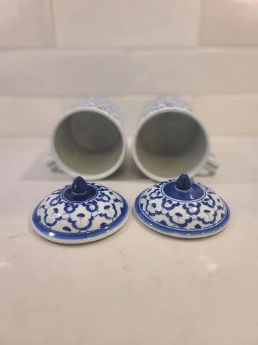 Vintage 70s Thai Pattern Lidded Tea Mug Set - Blue & White Ceram - photo 3
