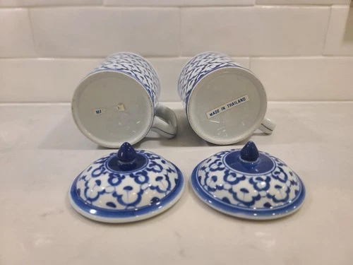 Vintage 70s Thai Pattern Lidded Tea Mug Set - Blue & White Ceram - photo 4