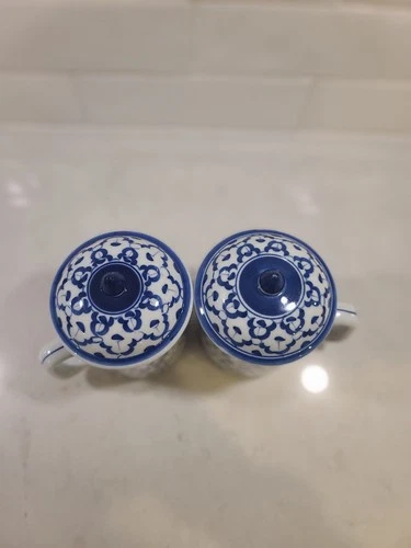 Vintage 70s Thai Pattern Lidded Tea Mug Set - Blue & White Ceram - photo 5