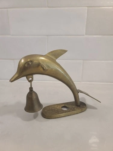 VINTAGE DOLPHIN on stand W/ BRASS BELL 5" X 5.5" Mcm Nautical