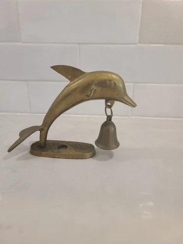 VINTAGE DOLPHIN on stand W/ BRASS BELL 5" X 5.5" Mcm Nautical - photo 2