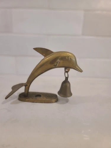 VINTAGE DOLPHIN on stand W/ BRASS BELL 5" X 5.5" Mcm Nautical - photo 3