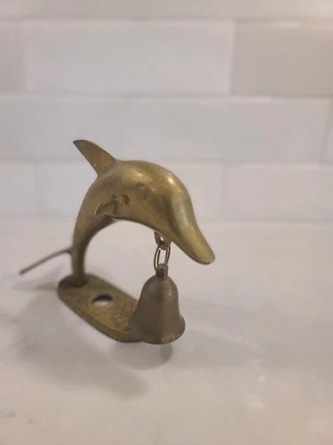 VINTAGE DOLPHIN on stand W/ BRASS BELL 5" X 5.5" Mcm Nautical - photo 4