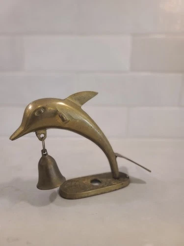 VINTAGE DOLPHIN on stand W/ BRASS BELL 5" X 5.5" Mcm Nautical - photo 5