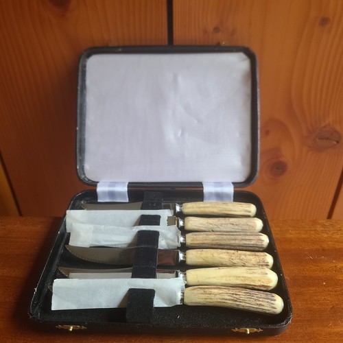 Vintage Mutual Hiram Wild Sheffield Stag Horn Steak Knives 6pc