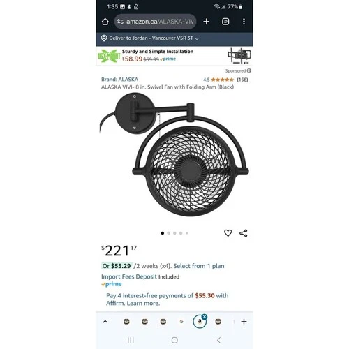 VIVI 8-inch Wall Mount Swivel Fan with Folding Arm (Black)