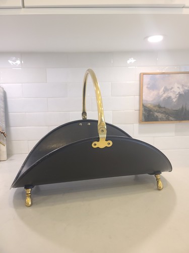 MCM Mid-Century Black and BRASS Log Firewood Holder Carrier Foot - photo 3