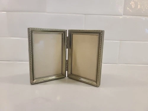 Vintage Gold Tone Metal 50s Double Picture Frame 3.5 X 2.5