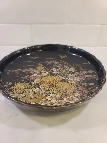 Tenmoku-Kiku Dish Shibata Scalloped Edges Dragonflies Black Porc - photo 3