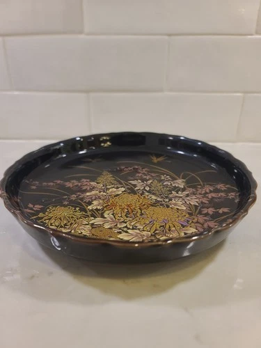 Tenmoku-Kiku Dish Shibata Scalloped Edges Dragonflies Black Porc - photo 4