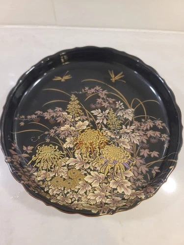 Tenmoku-Kiku Dish Shibata Scalloped Edges Dragonflies Black Porc - photo 5