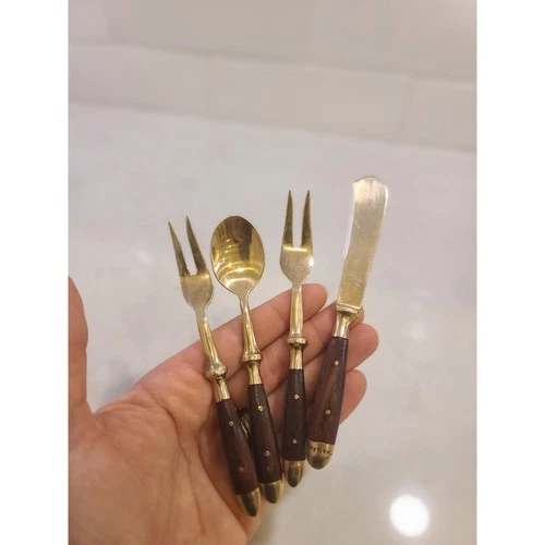 Vintage Thailand Brass & Teak Flatware Set (4 pcs)