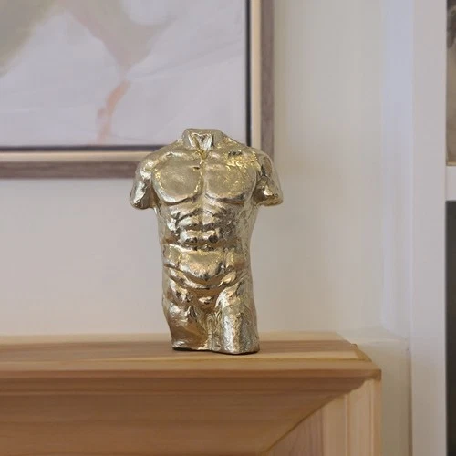 Male Nude Torso Gold Metal Statue, 9.5"x6.5" Greek Figure