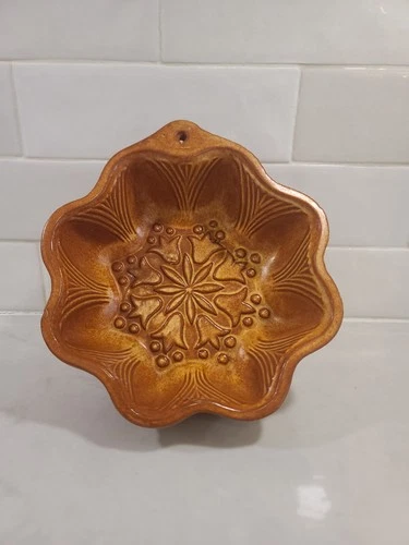 Vintage French Terracotta Cake Mold - Amber Glazed Earthenware S