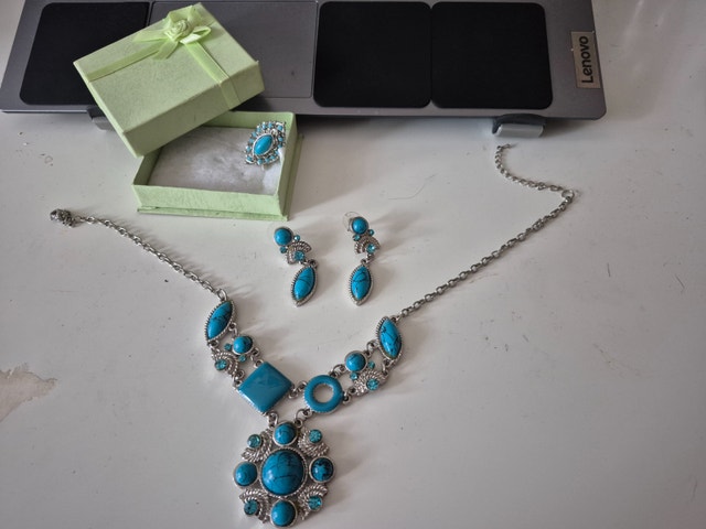 Turquoise & Silver Necklace Set with Ring and Earrings