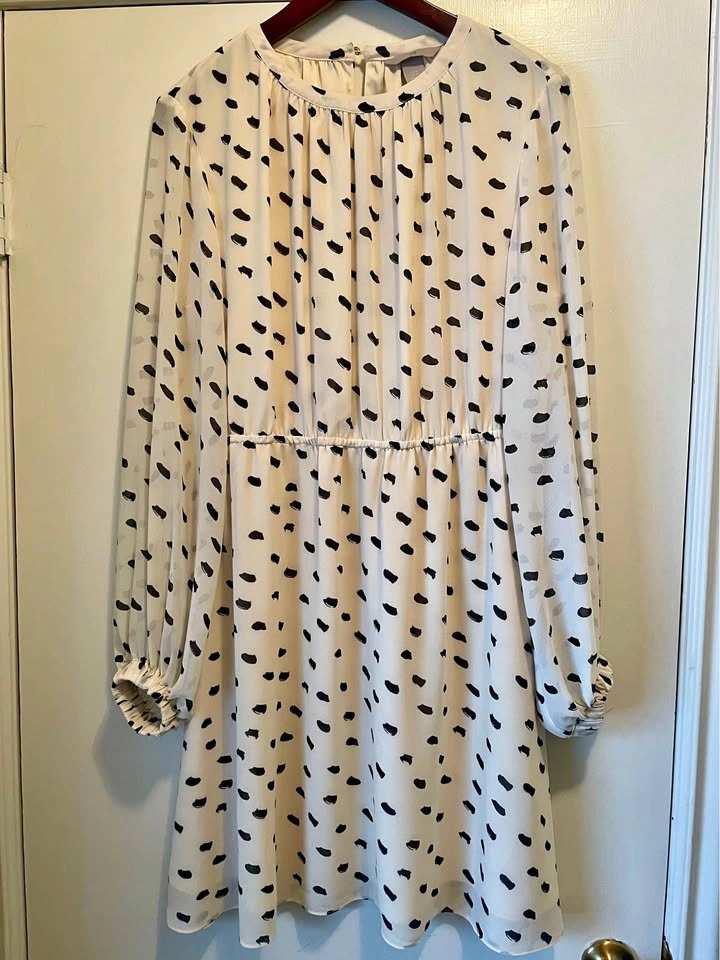 H&M Knee-Length Chiffon Dress - Cream/Black Spot