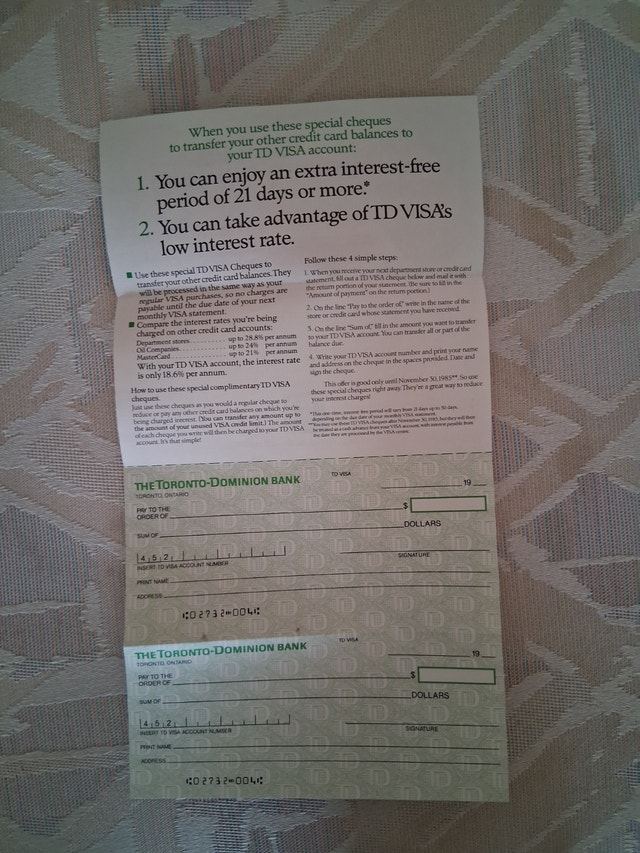 Vintage 1985 TD Bank Visa Promo Cheques - photo 2