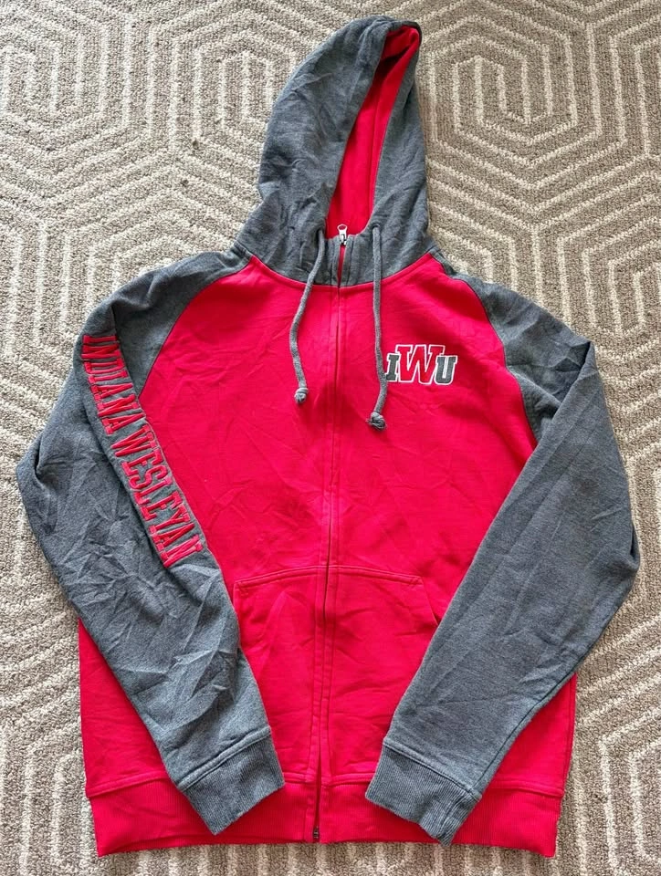 Indiana Wesleyan IWU Hoodie Large Red Gray Full Zip Embroidered