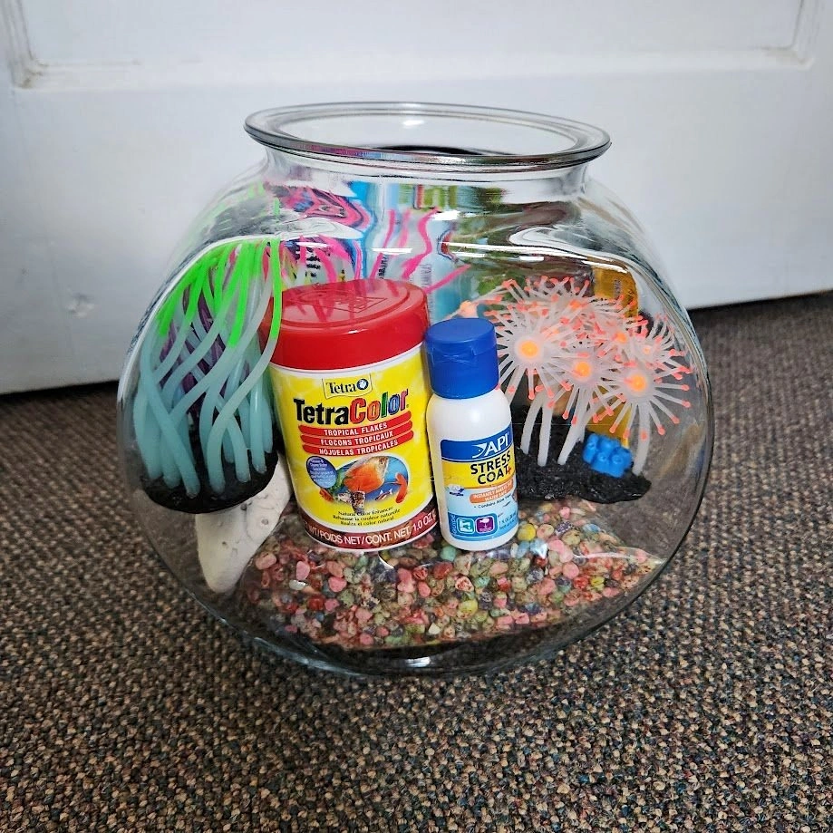 1 Gallon Fish Tank With Food, Decorations and Gravel