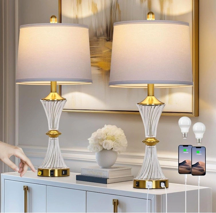 NEW Crystal Gold Glass Table Lamp Set of 2 w/ USB & AC Outlet