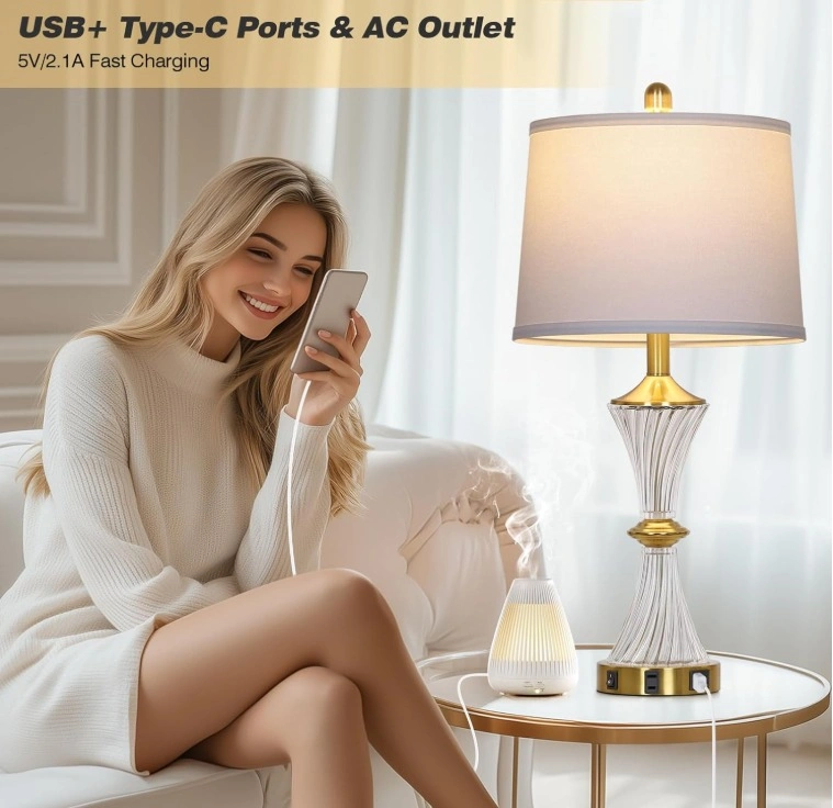 NEW Crystal Gold Glass Table Lamp Set of 2 w/ USB & AC Outlet - photo 2