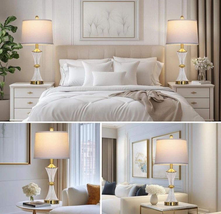 NEW Crystal Gold Glass Table Lamp Set of 2 w/ USB & AC Outlet - photo 3