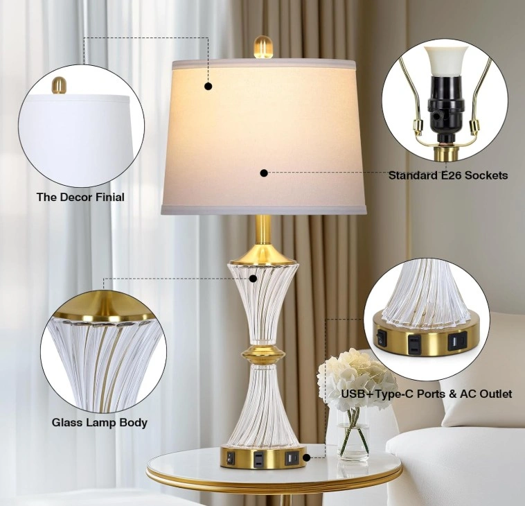 NEW Crystal Gold Glass Table Lamp Set of 2 w/ USB & AC Outlet - photo 4