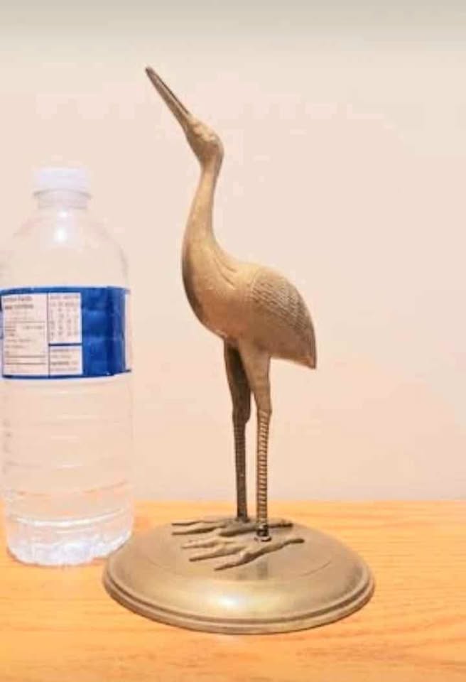 Hand Crafted Tall Etched Solid Brass Crane Sculpture