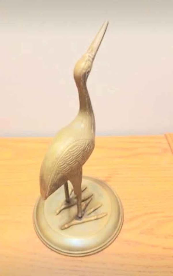 Hand Crafted Tall Etched Solid Brass Crane Sculpture - photo 3