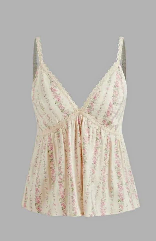 BRAND NEW Cotton Blend V-Neck Floral Cami Top Cream w-Pastel Pin