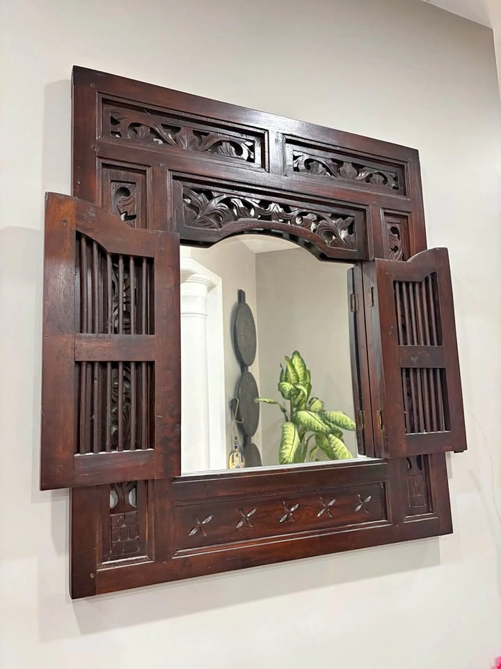 Hand-Carved Solid Wood Mirror with Shutter Doors | Antique Style