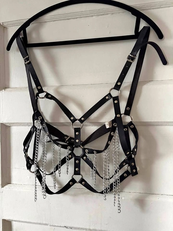 Faux Leather Harness Bustier Top with Chain Fringe