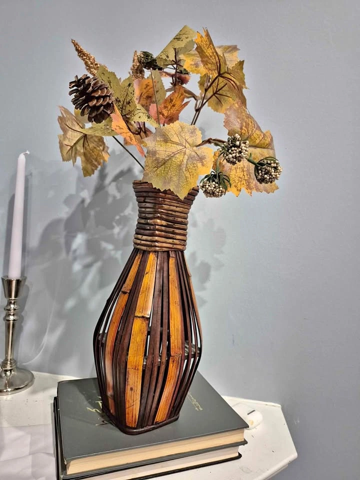 Bamboo Wicker Wood Stained Japanese Boho Vase