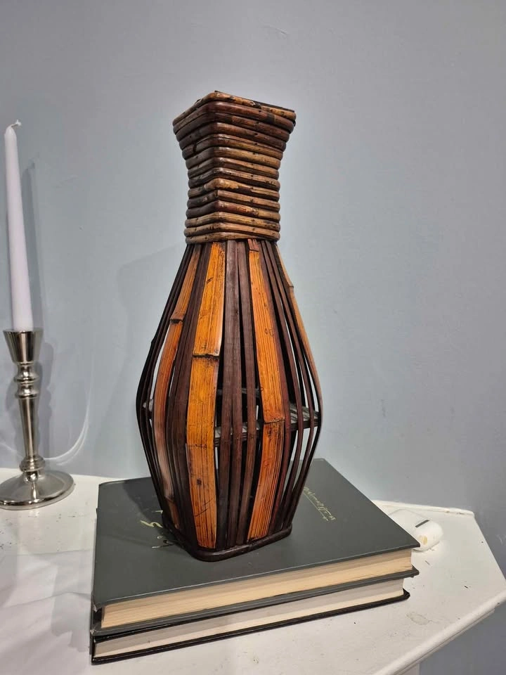 Bamboo Wicker Wood Stained Japanese Boho Vase - photo 2