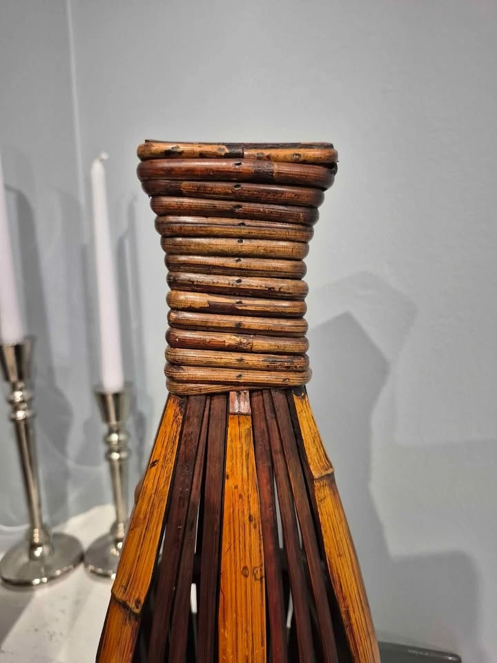 Bamboo Wicker Wood Stained Japanese Boho Vase - photo 3