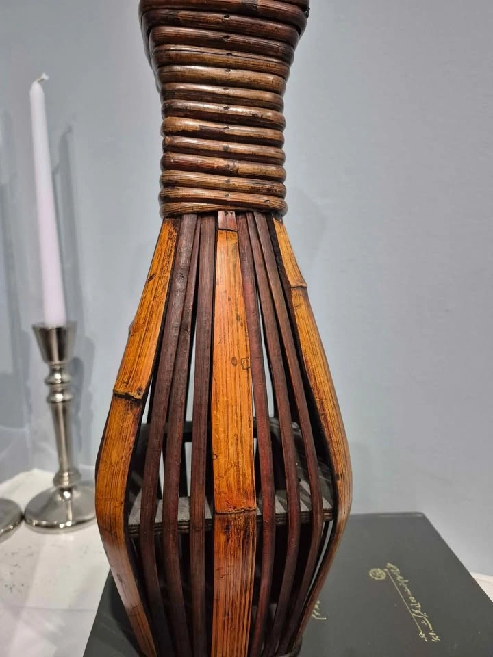 Bamboo Wicker Wood Stained Japanese Boho Vase - photo 5