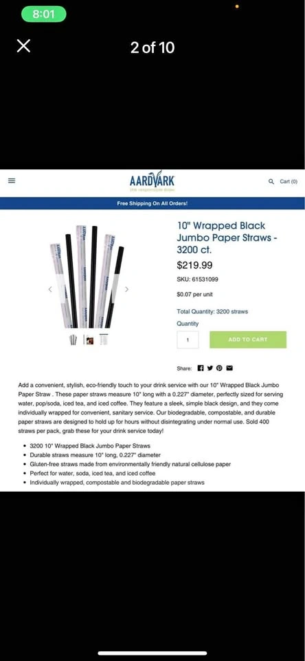 New Aardvark 10" Wrapped Black Jumbo Paper Straws - 3200 Count