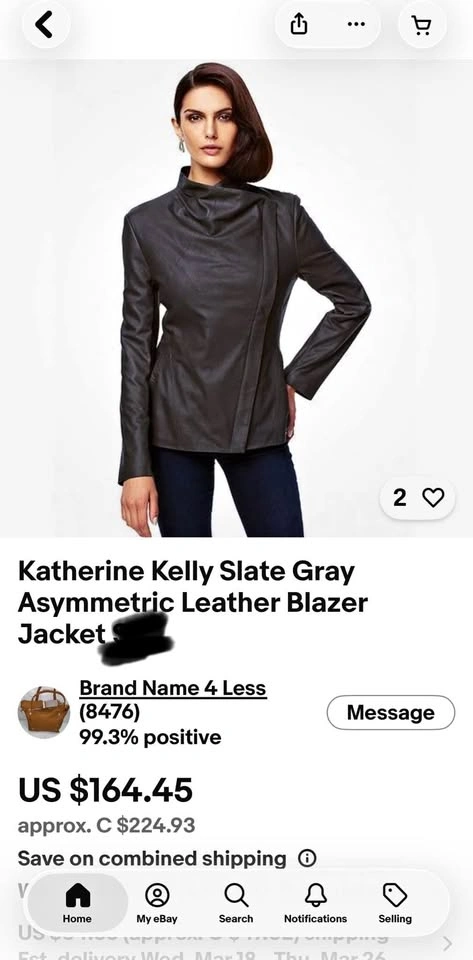 Katherine Kelly Charcoal Asymmetric Leather Blazer Jacket M