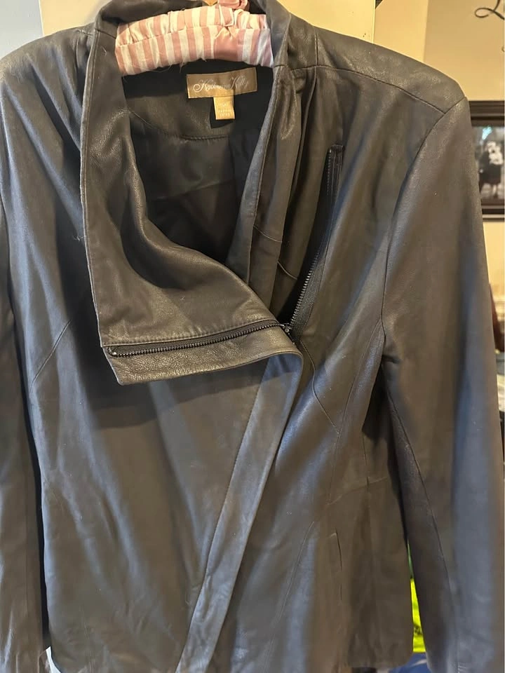 Katherine Kelly Charcoal Asymmetric Leather Blazer Jacket M - photo 3