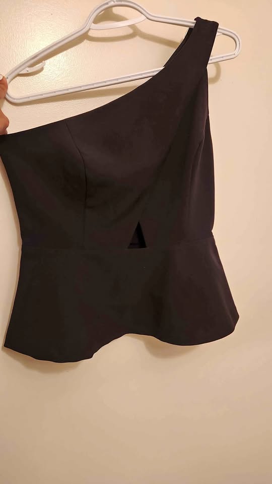 Black peeakaboo asymmetrical peplum top (medium)